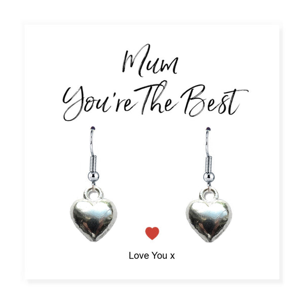 Mum You're The Best Silver Plated Heart Earrings & Gift Card