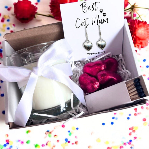 Small Best Cat Mum Gift Hamper Silver Plated Heart Earrings Chocolates & Wax Candle