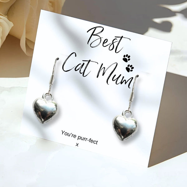 Small Best Cat Mum Gift Hamper Silver Plated Heart Earrings Chocolates & Wax Candle