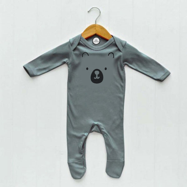 Newborn Baby Sleepsuit, Grey, Bear Face print