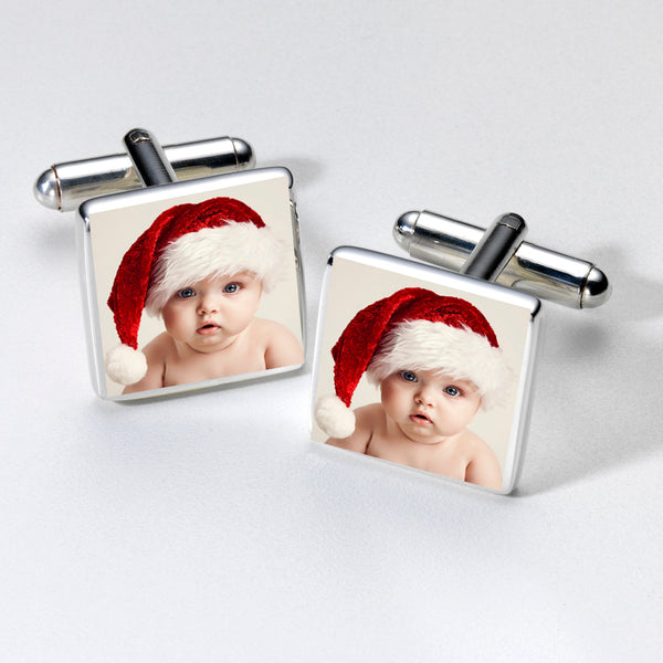 Personalised Photo Upload Christmas Cufflinks Silver Finish