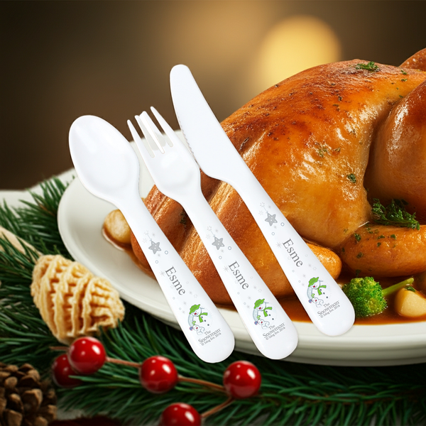 Personalised The Snowman and the Snowdog 3 Piece Plastic Cutlery Set