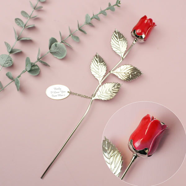 Personalised Silver Plated Rose With Red Bud