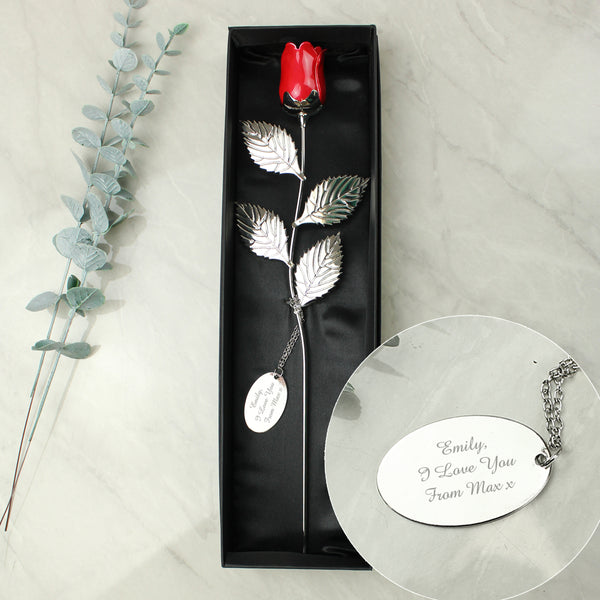 Personalised Silver Plated Rose With Red Bud