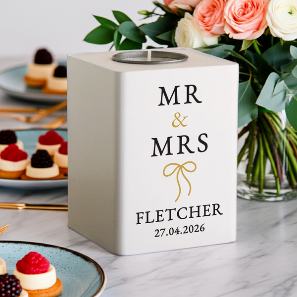 Personalised Black & Gold White Wooden Tealight Holder