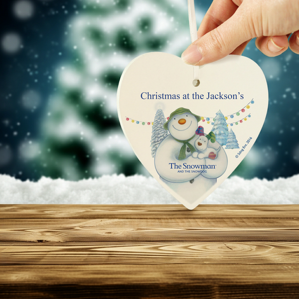 Personalised The Snowman and the Snowdog Wooden Heart Hanging Decoration