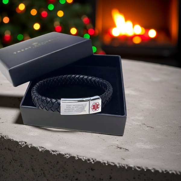 Personalised Men's Woven Leather Medical Bracelet