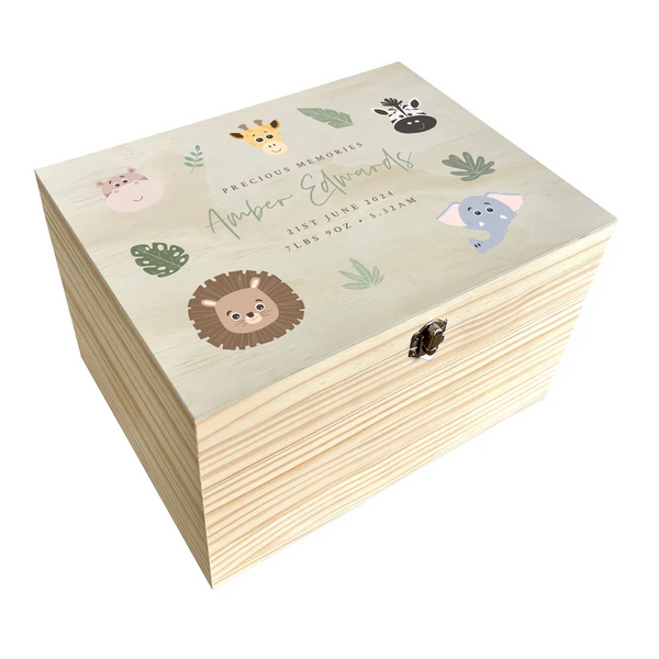 Personalised Jungle Animals New Baby Wooden Memory Box