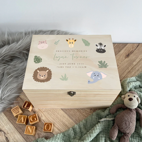 Personalised Jungle Animals New Baby Wooden Memory Box