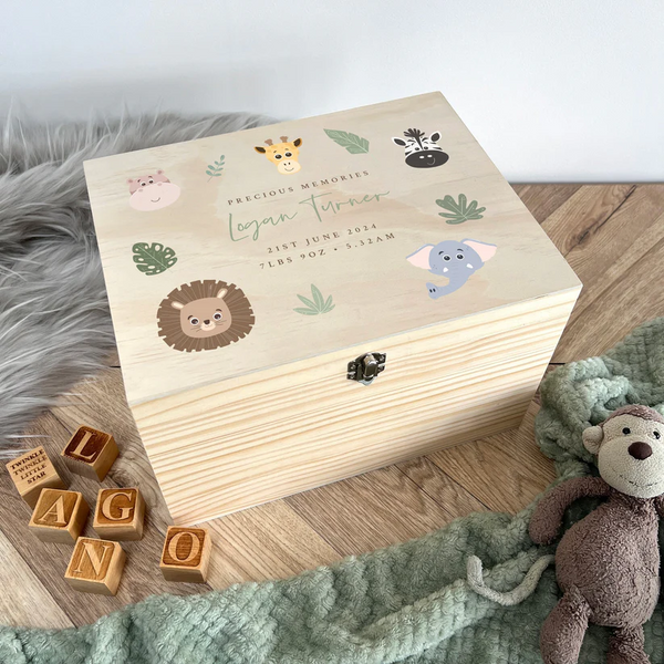 Personalised Jungle Animals New Baby Wooden Memory Box