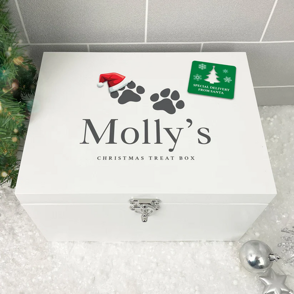 Personalised White Wooden Santa Hat Paws Pet Christmas Eve Box