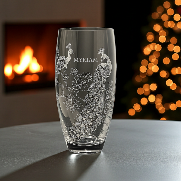 Personalised Peacock Crystal Barrel Vase