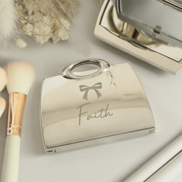 Personalised Bow Handbag Nickel Plated Compact Mirror