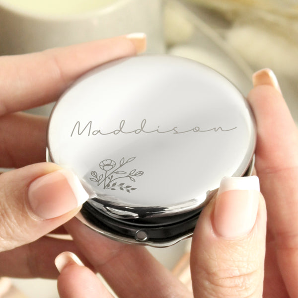 Personalised Floral Round Nickel Plated Compact Mirror