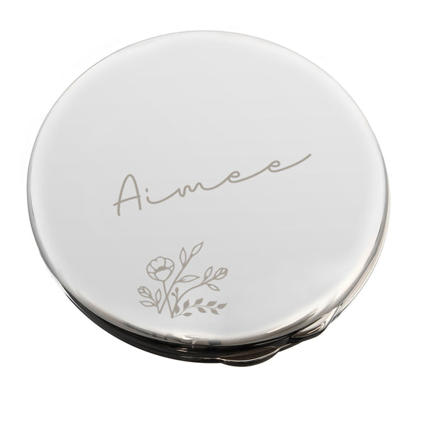 Personalised Floral Round Nickel Plated Compact Mirror