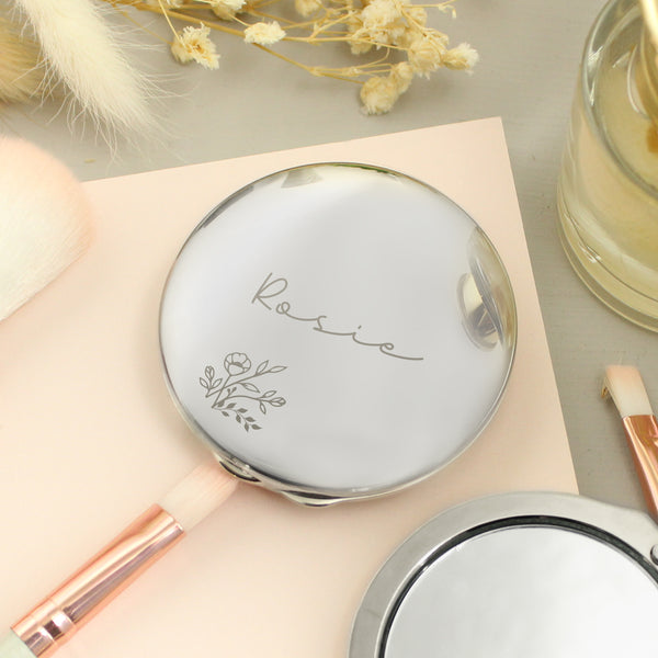 Personalised Floral Round Nickel Plated Compact Mirror