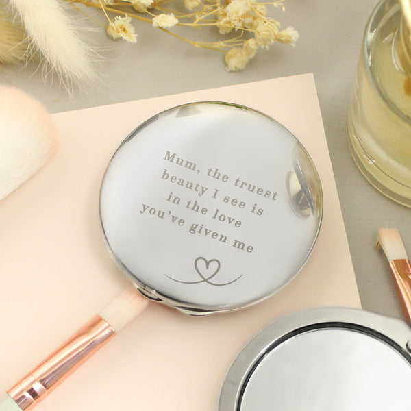 Personalised Heart Round Nickel Plated Compact Mirror