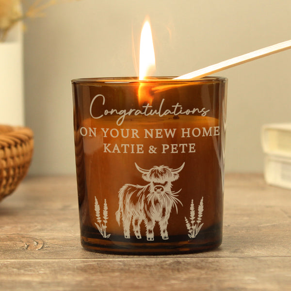 Personalised Engraved Highland Cow Amber Glass Wax Candle