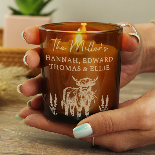 Personalised Engraved Highland Cow Amber Glass Wax Candle