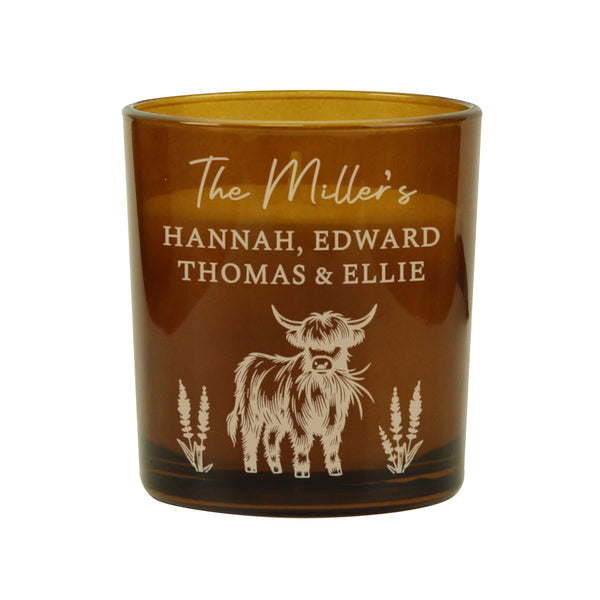 Personalised Engraved Highland Cow Amber Glass Wax Candle