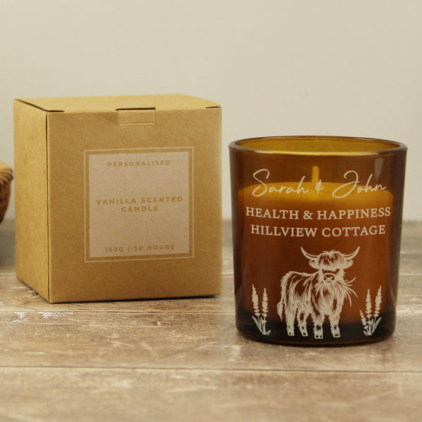 Personalised Engraved Highland Cow Amber Glass Wax Candle