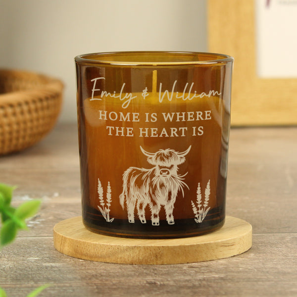 Personalised Engraved Highland Cow Amber Glass Wax Candle