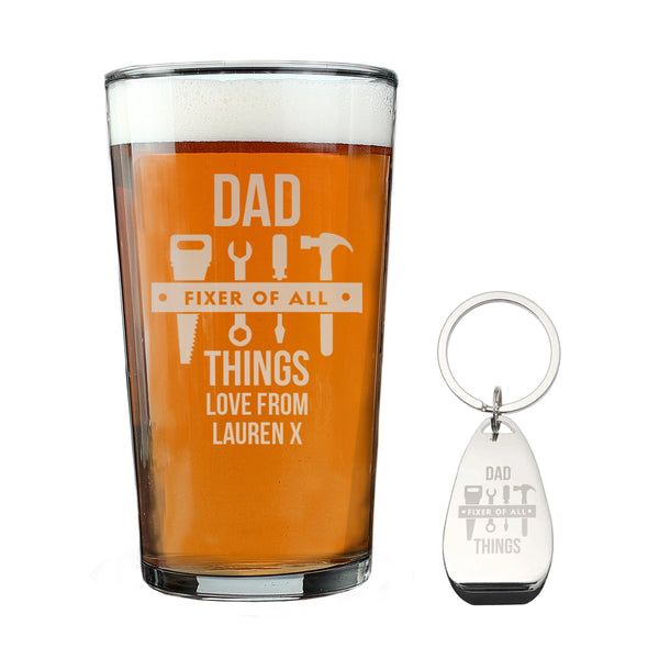 Personalised Fixer of All Things Pint Glass & Bottle Opener
