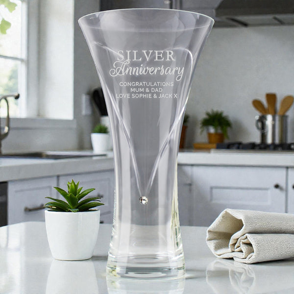 Personalised Silver Anniversary Large Hand Cut Diamante Heart Vase