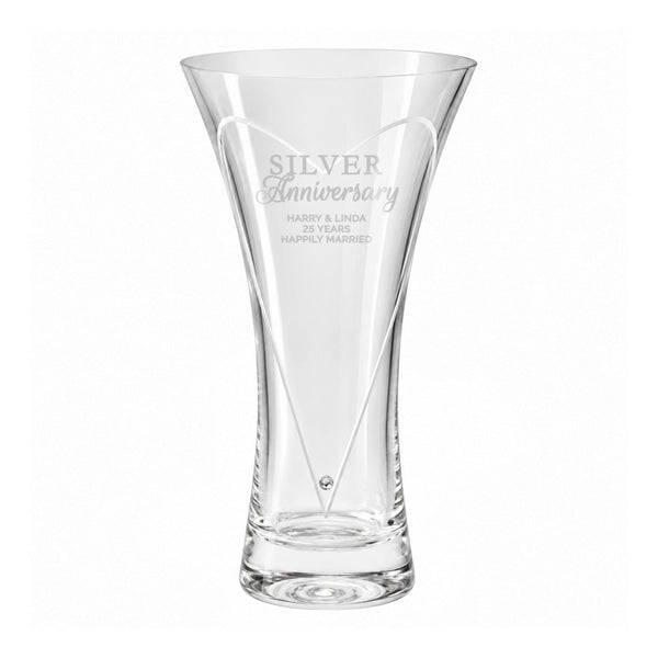 Personalised Silver Anniversary Large Hand Cut Diamond Effect Heart Vase