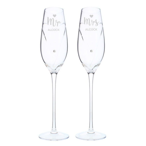 Personalised Hand Cut Mr & Mrs Pair of Flutes in Gift Box