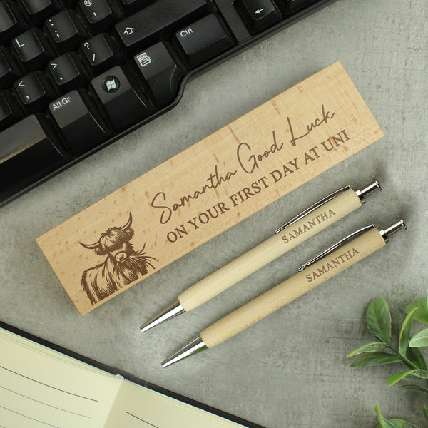 Personalised Highland Cow Wooden Pen & Pencil Set