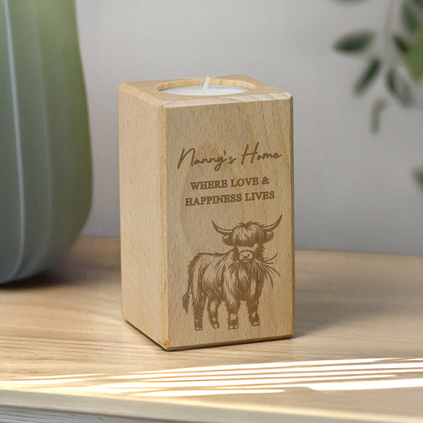 Personalised Highland Cow Wooden Tealight Candle Holder
