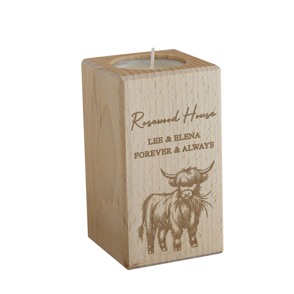 Personalised Highland Cow Wooden Tealight Candle Holder