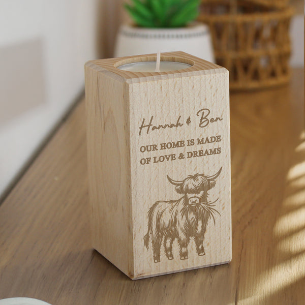 Personalised Highland Cow Wooden Tealight Candle Holder