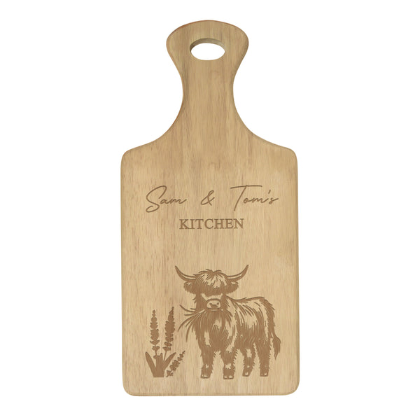 Personalised Highland Cow Paddle Wooden Chopping Board
