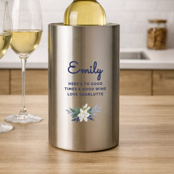 Personalised Blue Floral Brushed Stainless Steel Wine Cooler