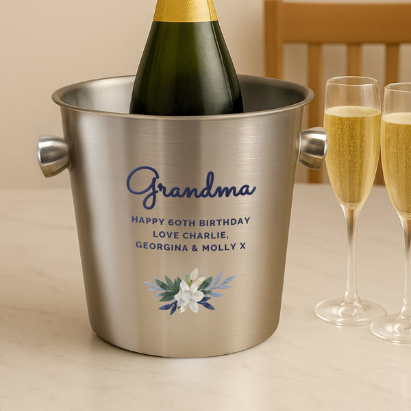Personalised Blue Floral Brushed Stainless Steel Ice Bucket