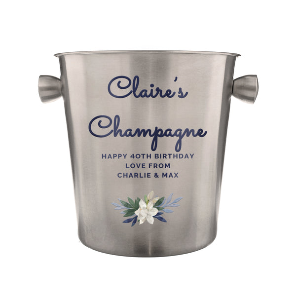Personalised Blue Floral Brushed Stainless Steel Ice Bucket