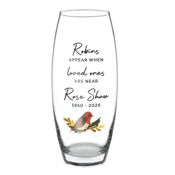 Personalised Robins Appear Bullet Glass Vase