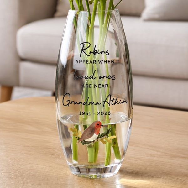 Personalised Robins Appear Bullet Glass Vase
