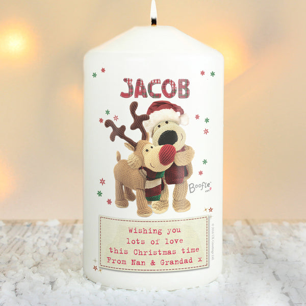 Personalised Boofle Christmas Reindeer Wax Pillar Candle
