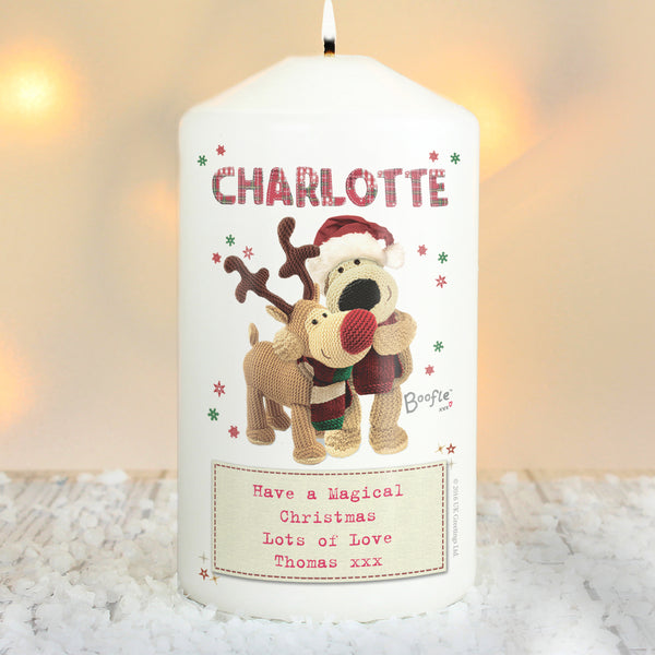 Personalised Boofle Christmas Reindeer Wax Pillar Candle