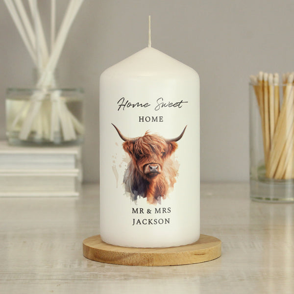 Personalised Highland Cow Wax Pillar Candle