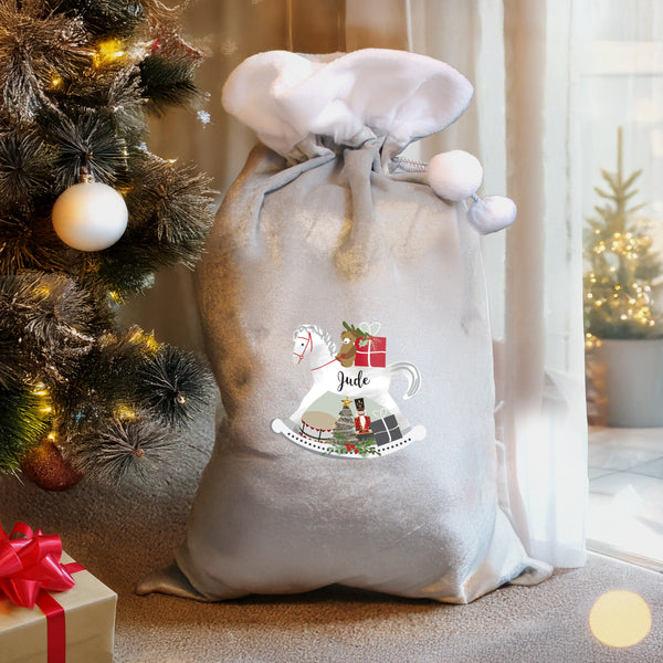 Personalised Christmas Rocking Horse Luxury Silver Grey Pom Pom Sack