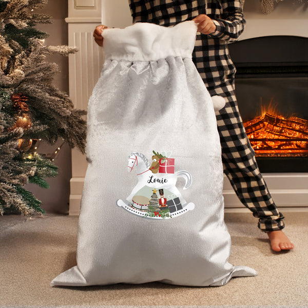 Personalised Christmas Rocking Horse Luxury Silver Grey Pom Pom Sack