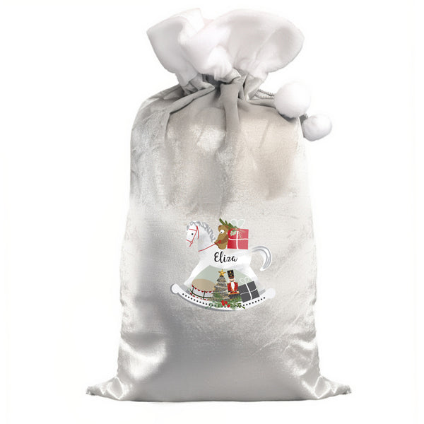 Personalised Christmas Rocking Horse Luxury Silver Grey Pom Pom Sack