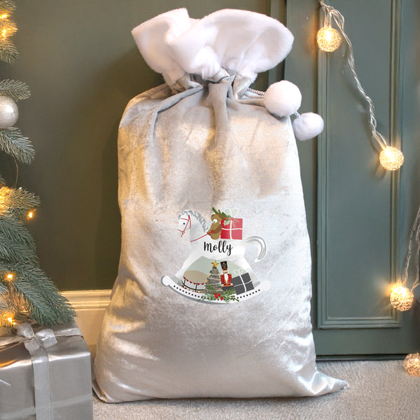 Personalised Christmas Rocking Horse Luxury Silver Grey Pom Pom Sack