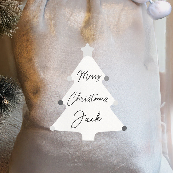 Personalised Christmas Tree Luxury Silver Grey Pom Pom Sack