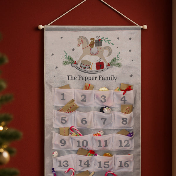 Personalised Felt Rocking Horse Advent Calendar In Silver Grey