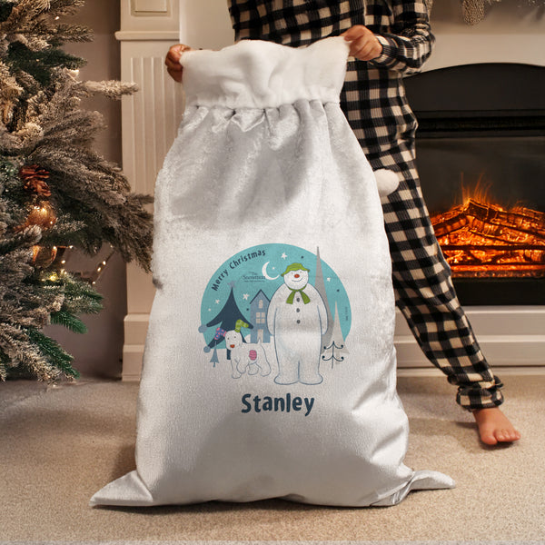 Personalised The Snowman and the Snowdog Luxury Silver Grey Pom Pom Sack